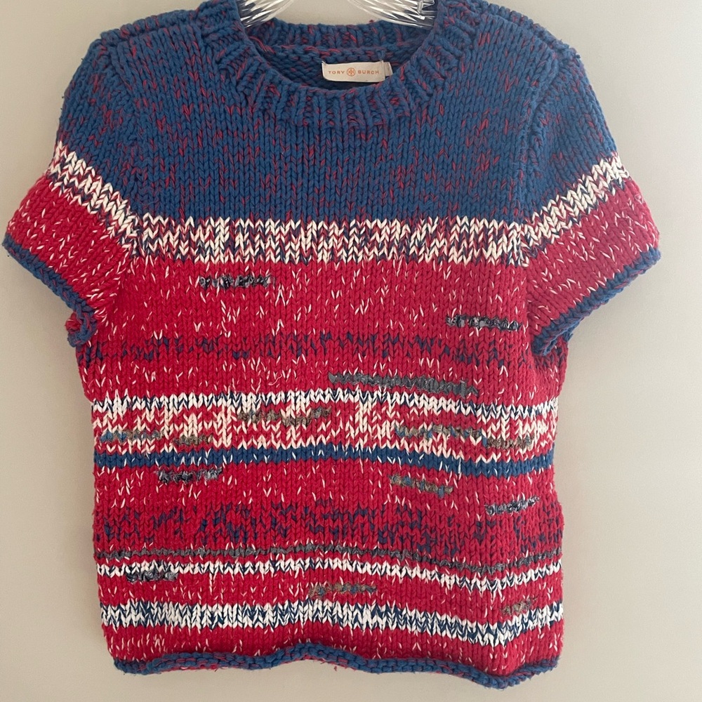 Tory Burch Mouline Short Sleeve Chunky Knit Sweater Coastal Nantucket Size S/P